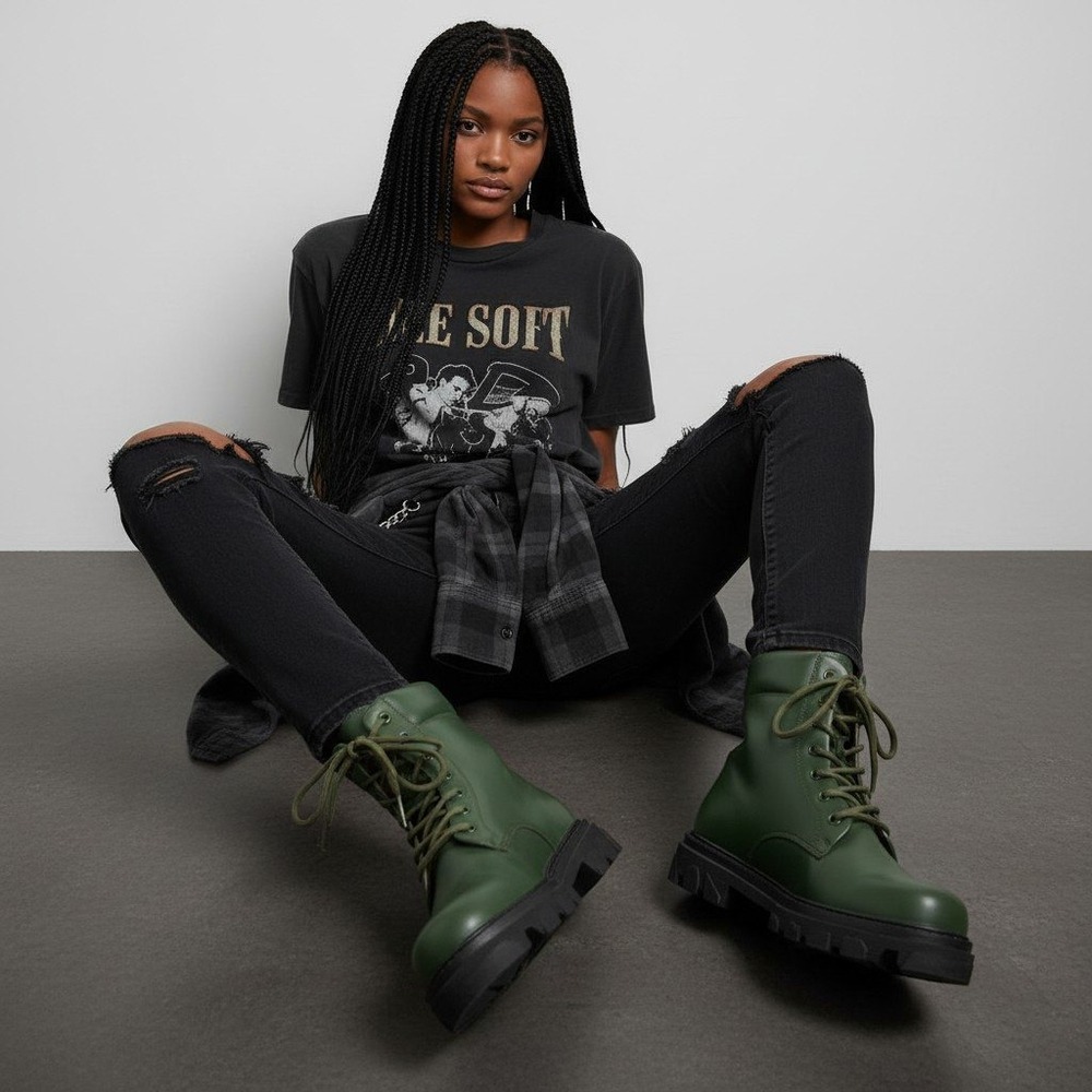 Green Platform Combat Boots Women's EU 38 US 7.5 Chunky